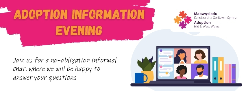 Info graphic image with the words 'Adoption Information Evening' and a graphic representation of a zoom call on a laptop screen. For decorative purposes only.