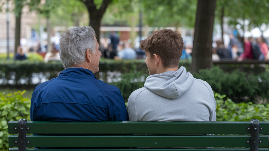 Male parent and teen sitting together on a park bench, view from behind.